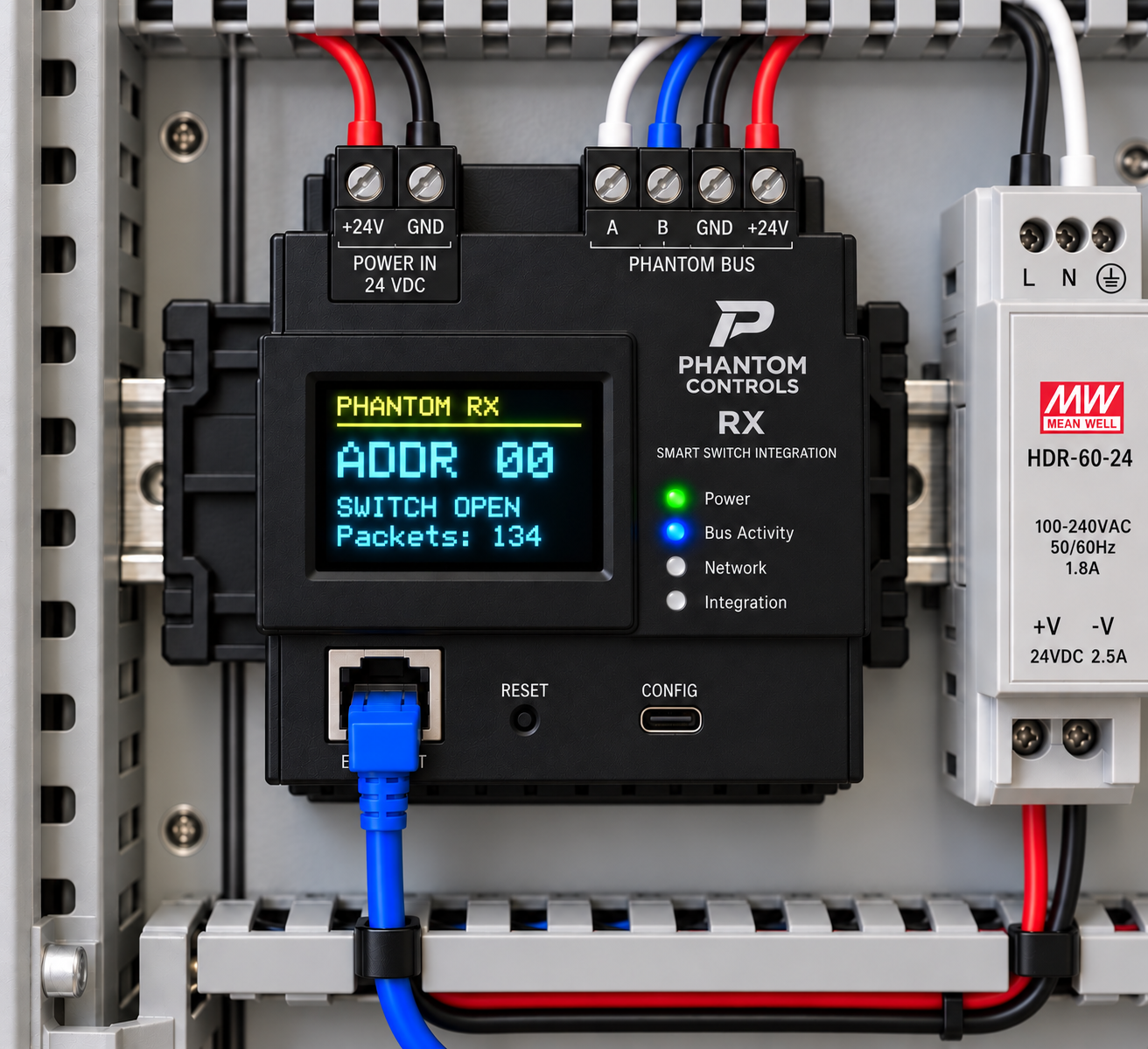 Phantom-RX mounted in a DIN-rail panel beside a 24-volt power supply