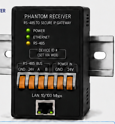 Phantom-RX RS-485 to secure IP gateway receiver with DIN rail mount, six lever terminals and Ethernet