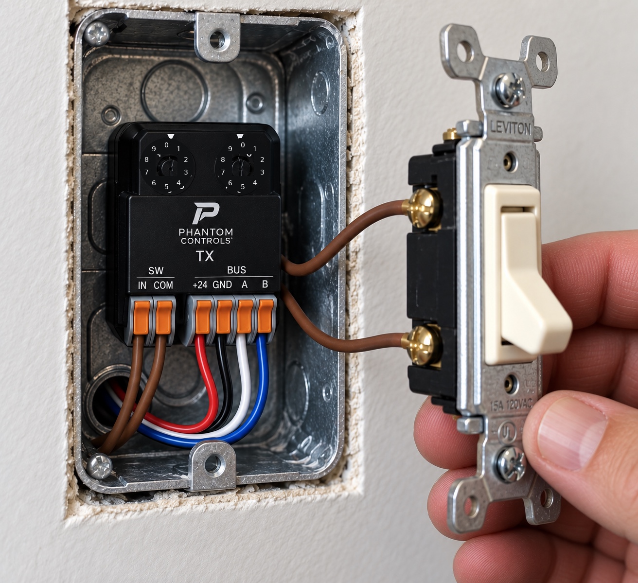 Phantom-TX wired smart home transmitter installed behind a traditional latching dry-contact wall switch
