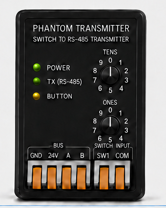 Phantom-TX switch to RS-485 transmitter with two rotary address dials and six lever terminals