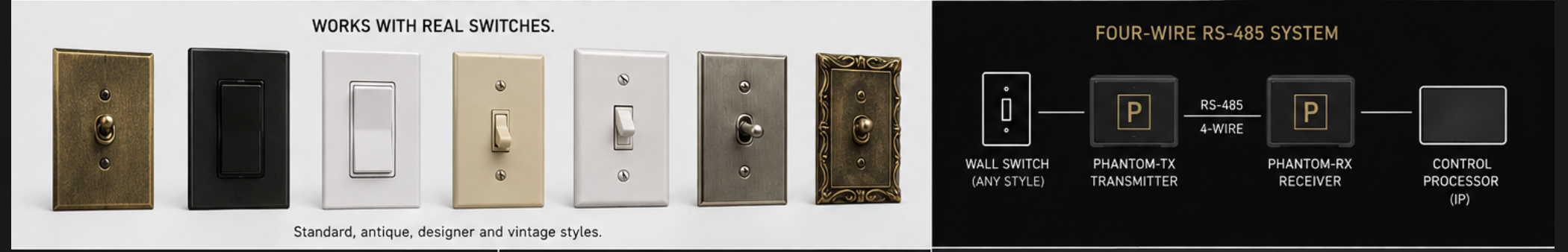 Real standard, antique, designer and vintage switches beside a four-wire RS-485 system diagram showing wall switch to Phantom-TX to Phantom-RX to IP control processor.